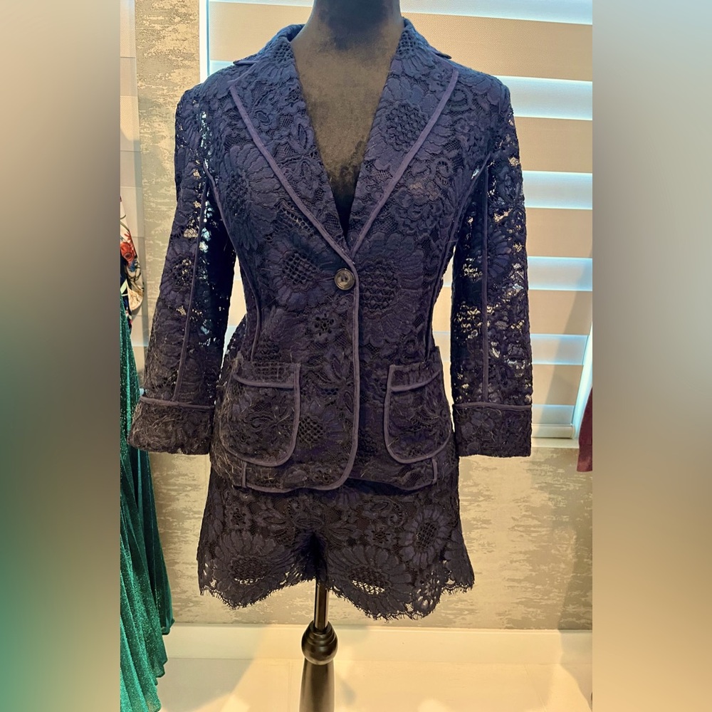 Trina Turk Navy Blue Lace Jacket and shorts, size 2